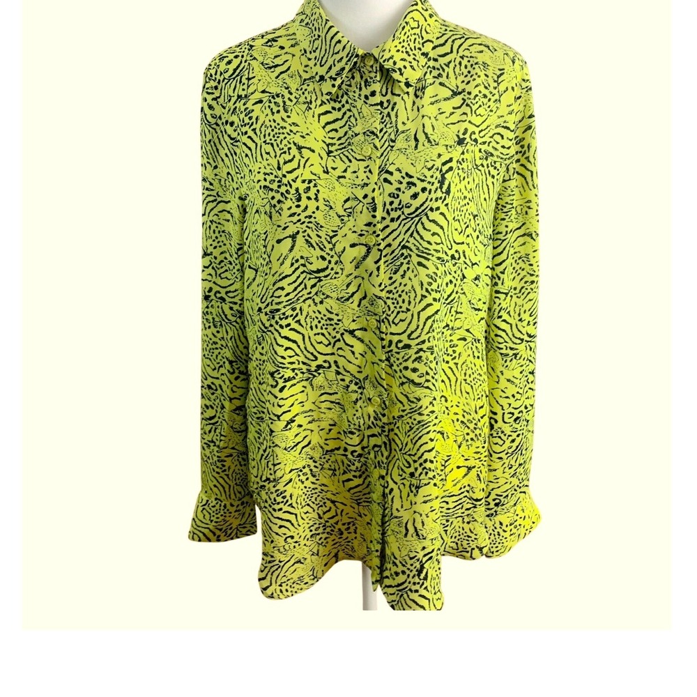 Tahari  Yellow Animal Print Button Down Blouse Chartreuse Black Long Sleeve Top